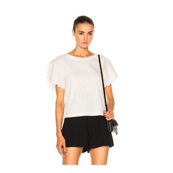 See by Chloe Cloud Dancer Scallop Sleeve T-Shirt 100% Cotton Top in White Size S - Picture 7 of 9
